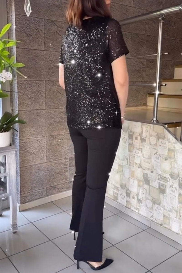 Women's V-neck Sequined Short-sleeved Top and Trousers Set