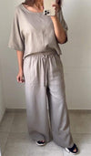 Women's Casual Round-neck Solid Color Cotton and Linen Two-piece Suit