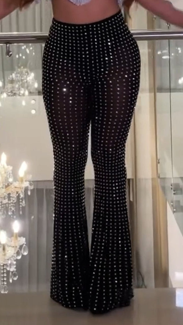 Women's High Elastic Slim Fit Rhinestone Flared Pants