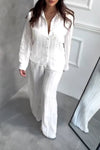 Women's casual cotton and linen textured fabric shirt and pants two-piece set