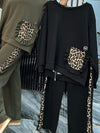 Women's Round Neck Long Sleeve Leopard Print Patchwork Pullover Sweatshirt Suit