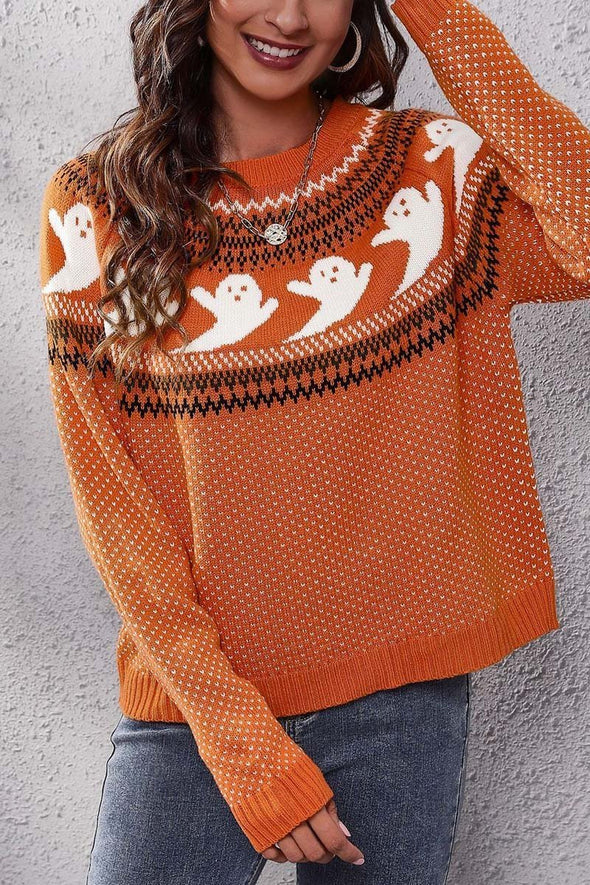 Women's Halloween Ghost Retro Polka Dot Long Sleeve Knitted Sweater