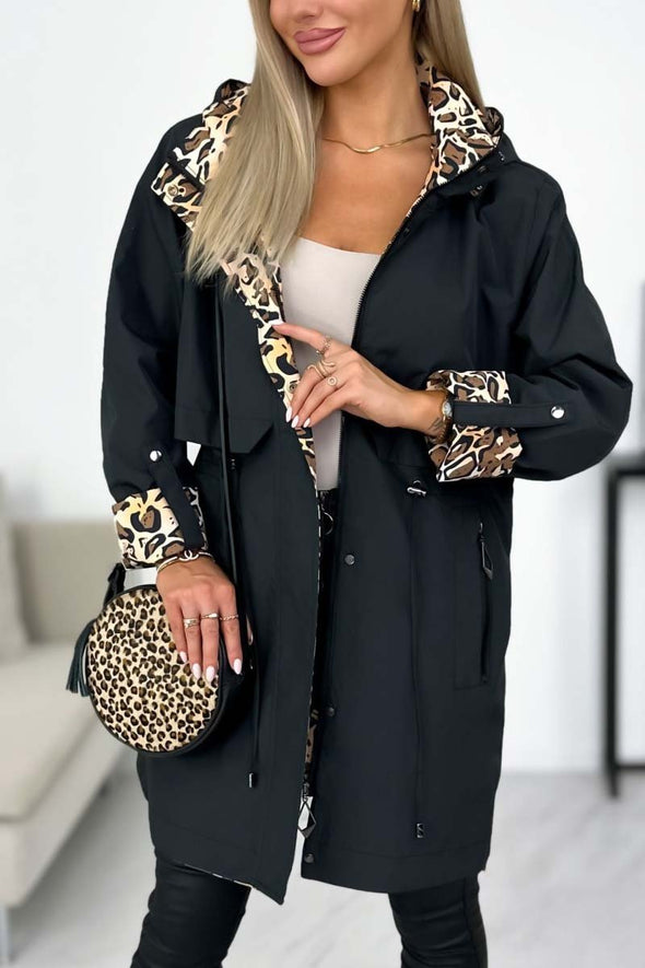 Women's casual leopard print patchwork hooded mid-length windbreaker