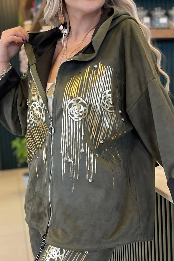 Women's Casual Gold-stamped Printed Hooded Zipper Two-piece Suit