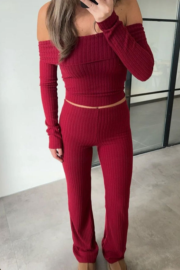 Women's Casual Solid Color One-piece Collar Knitted Two-piece Set