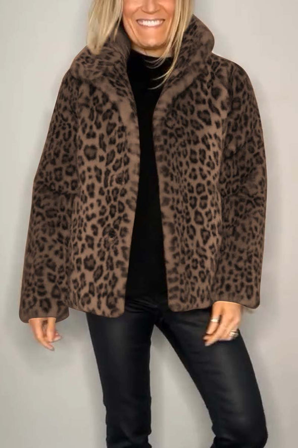 Women's Fashionable Leopard Print Lapel Faux Fur Winter Short Coat