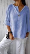 V-neck Mid-sleeve Cotton and Linen Top