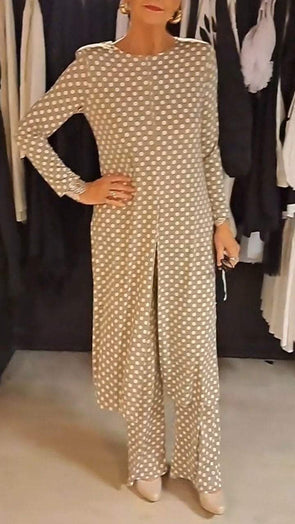 Women's Round Neck Long Sleeve Polka Dot Print Suit