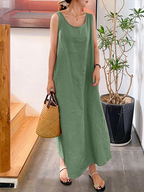 Women's long version halter cotton linen simple style loose pocket round neck temperament sleeveless dress