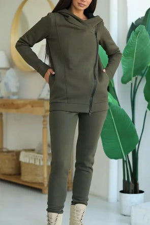 Women's Casual Solid Color Zip Cardigan Two Piece Set