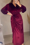 Women's V-neck drawstring slit velvet dress