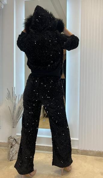 Women's Fashion Sequin Plush Hat Zipper Top and Pants Two-Piece Set