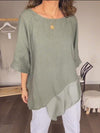 Casual round neck mesh patchwork cotton and linen top