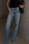 Women's Casual Rhinestone Side-slit Jeans