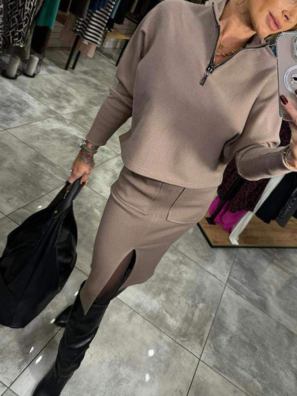 Women's Lapel Long Sleeve Top and Slit Skirt Set