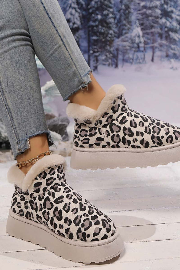 Women's thickened velvet round toe thick sole leopard print snow boots