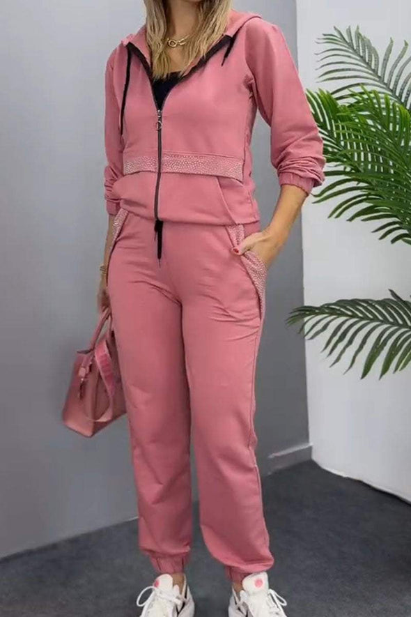 Casual Solid Color Diamond Cardigan and Pants Two-piece Set