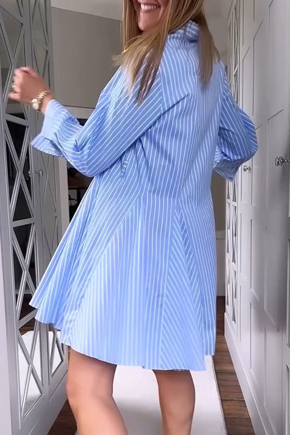 Women's Casual Striped Pleated Shirt Dress