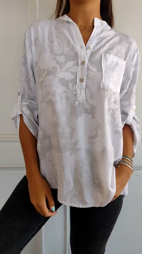 V-neck Half-button Printed Top