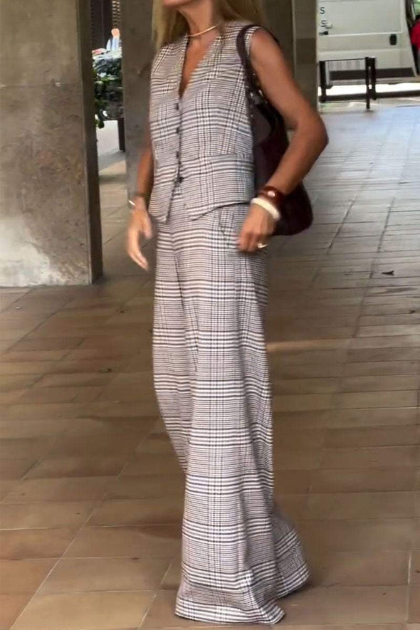 Women's V-neck Sleeveless Plaid Two-piece Suit