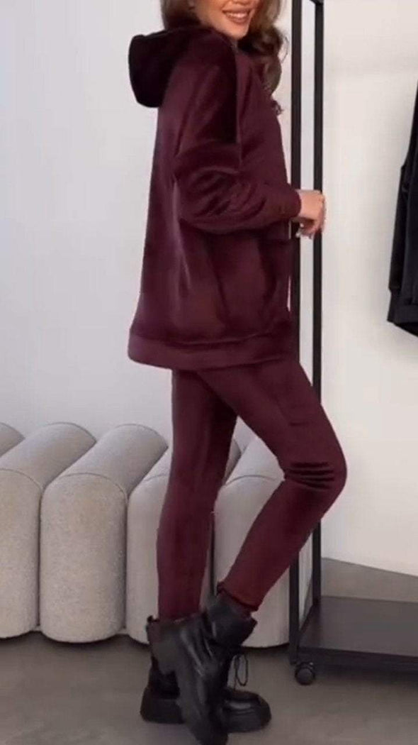 Women's Hooded Suede Solid Color Casual Suit