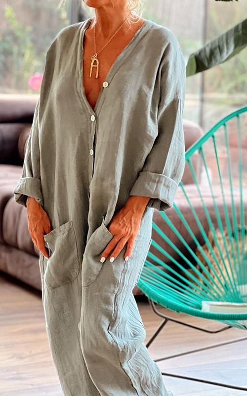 Casual V-neck Cotton and Linen Jumpsuit