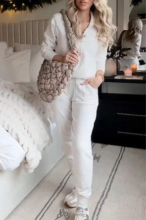 Women's Casual Lapel Half-zip Solid Color Two-piece Suit