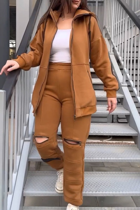 Women's fashion hooded zipper two-piece suit