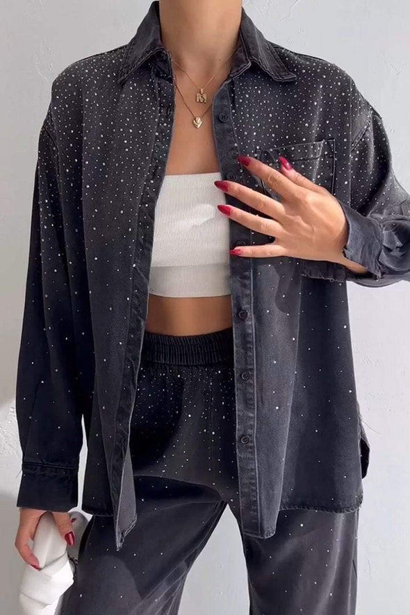 Women's Casual Sparkling Diamond Long-sleeved Shirt And Trousers Suit