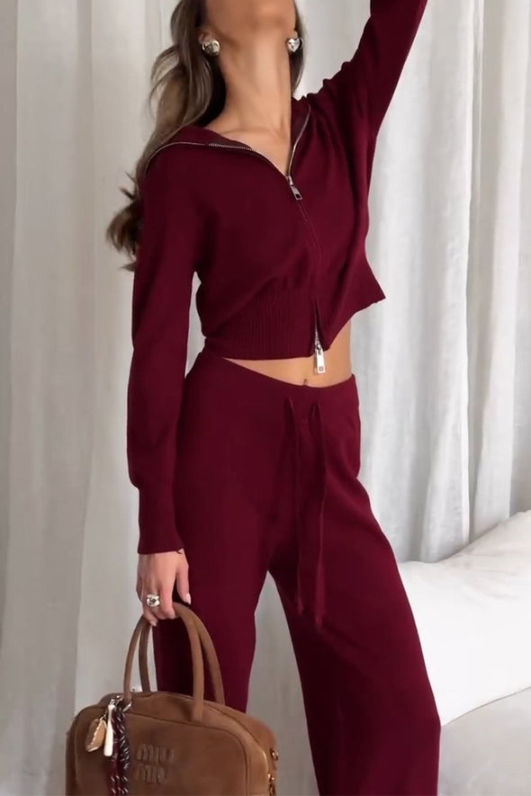 Women's Casual Hooded Zipper Knitted Two-piece Suit