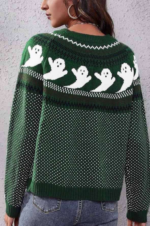 Women's Halloween Ghost Retro Polka Dot Long Sleeve Knitted Sweater