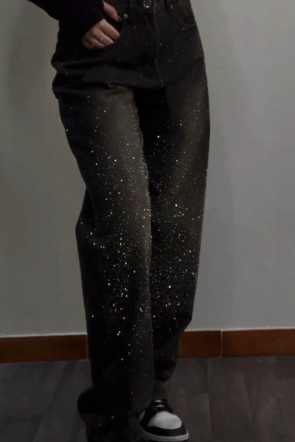 Women's Casual Rhinestone Straight Jeans