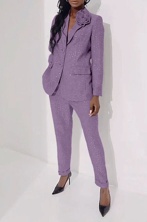 Women's Casual Sequined Shiny Slim Pants Two-piece Suit