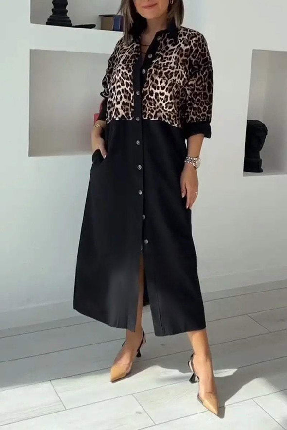 Women's casual leopard patchwork shirt dress