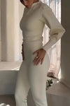 Women's Elegant Lapel Off-Shoulder Half-Button Puff Long-Sleeve Sweater & Elegant Slim Back Buttoned Woolen Trousers