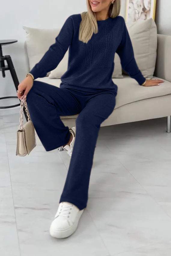 Women's Casual Solid Color Round Neck Suit Knitted Two-piece Suit