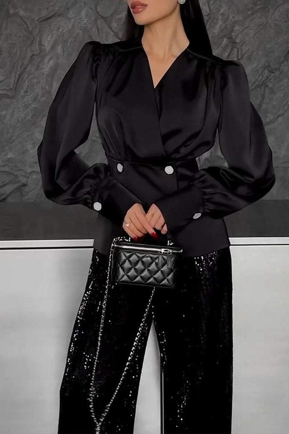 Women's Lapel Satin Top + Sequined Pants Set