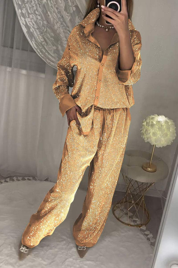 Women's stylish diamond-embellished top and pants two-piece set