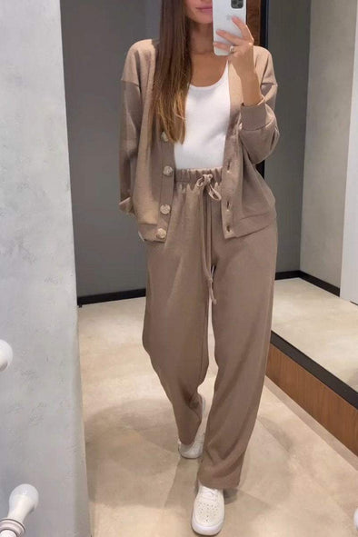 Women's Casual V-neck Cardigan + Trousers Two-piece Set