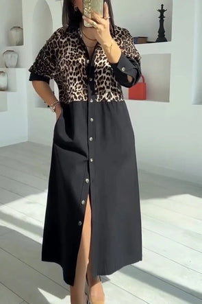 Women's casual leopard patchwork shirt dress