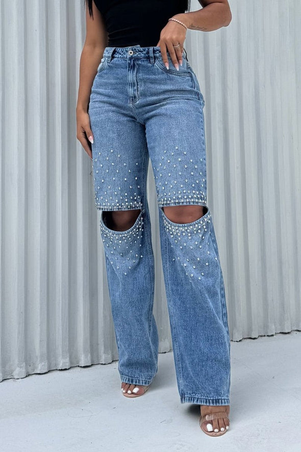 Women's Straight Jeans with Rivets and Rhinestones