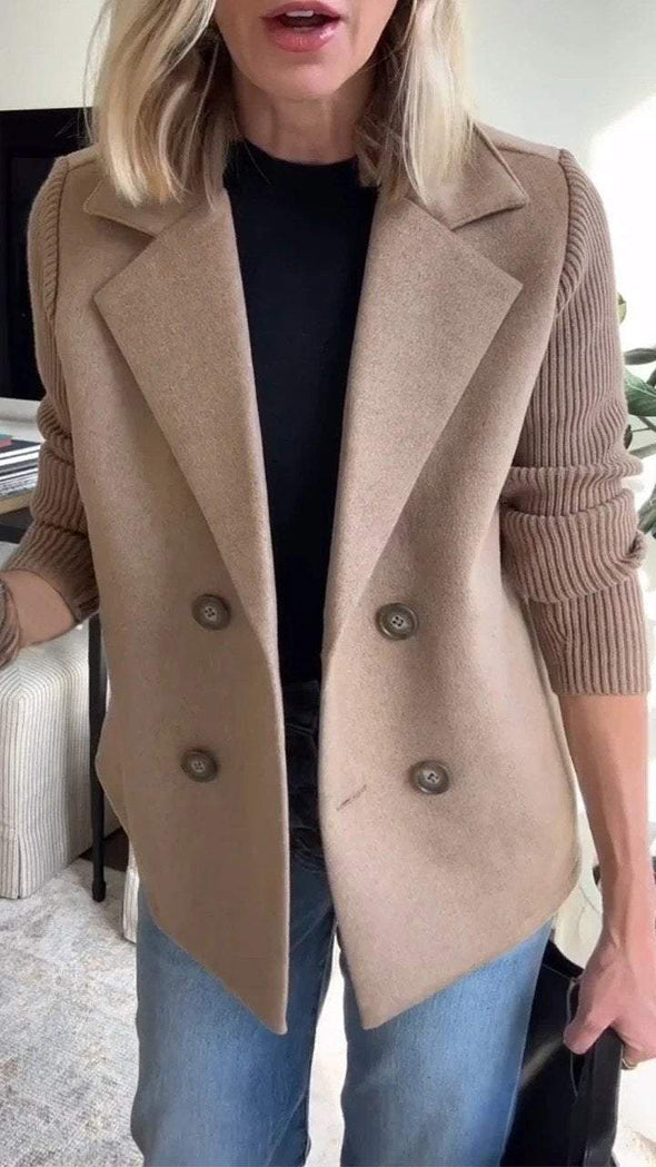 Women's Lapel Button Patchwork Sleeve Casual Coat with Two Pockets on the Sides