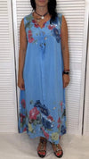 V-neck Sleeveless Printed Cotton and Linen Dress