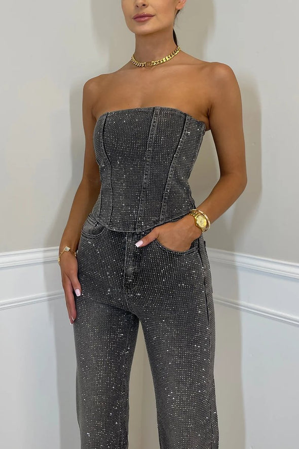 Women's Sexy Off-shoulder Sparkling Diamond Pants Suit