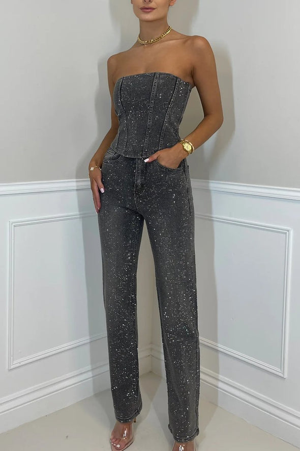 Women's Sexy Off-shoulder Sparkling Diamond Pants Suit