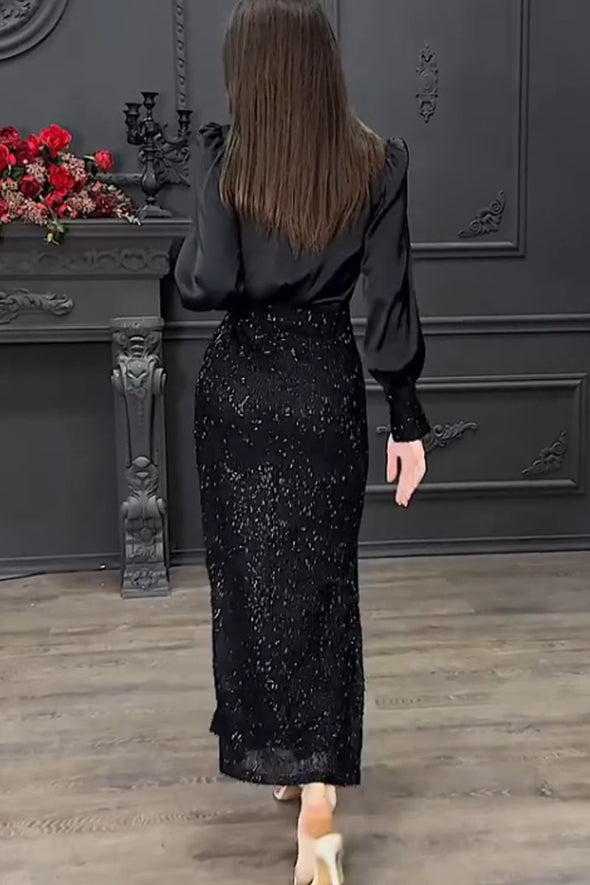 Women's Elegant Sequin Skirt Party Suit