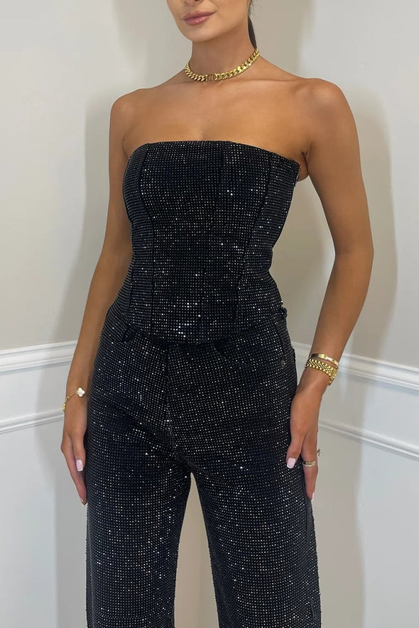 Women's Sexy Off-shoulder Sparkling Diamond Pants Suit